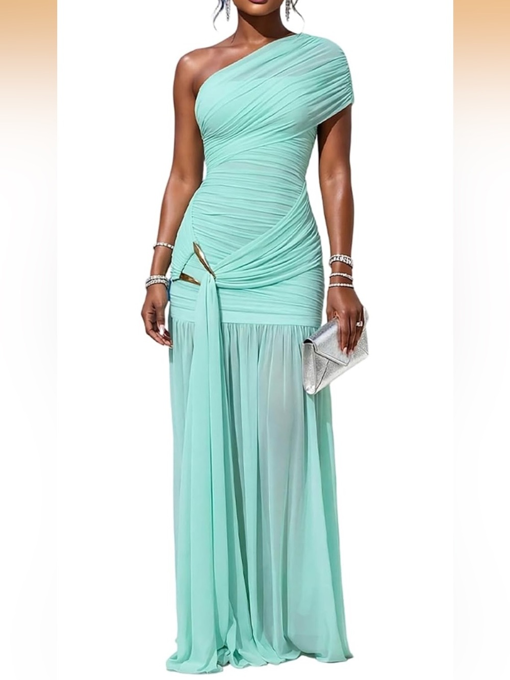 Asymmetrical One-Shoulder Mint Green Evening Gown - NWOT- Size M